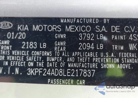 2020 Kia Forte Lxs из США, поврежденный, VIN 3KPF24AD8LE217837